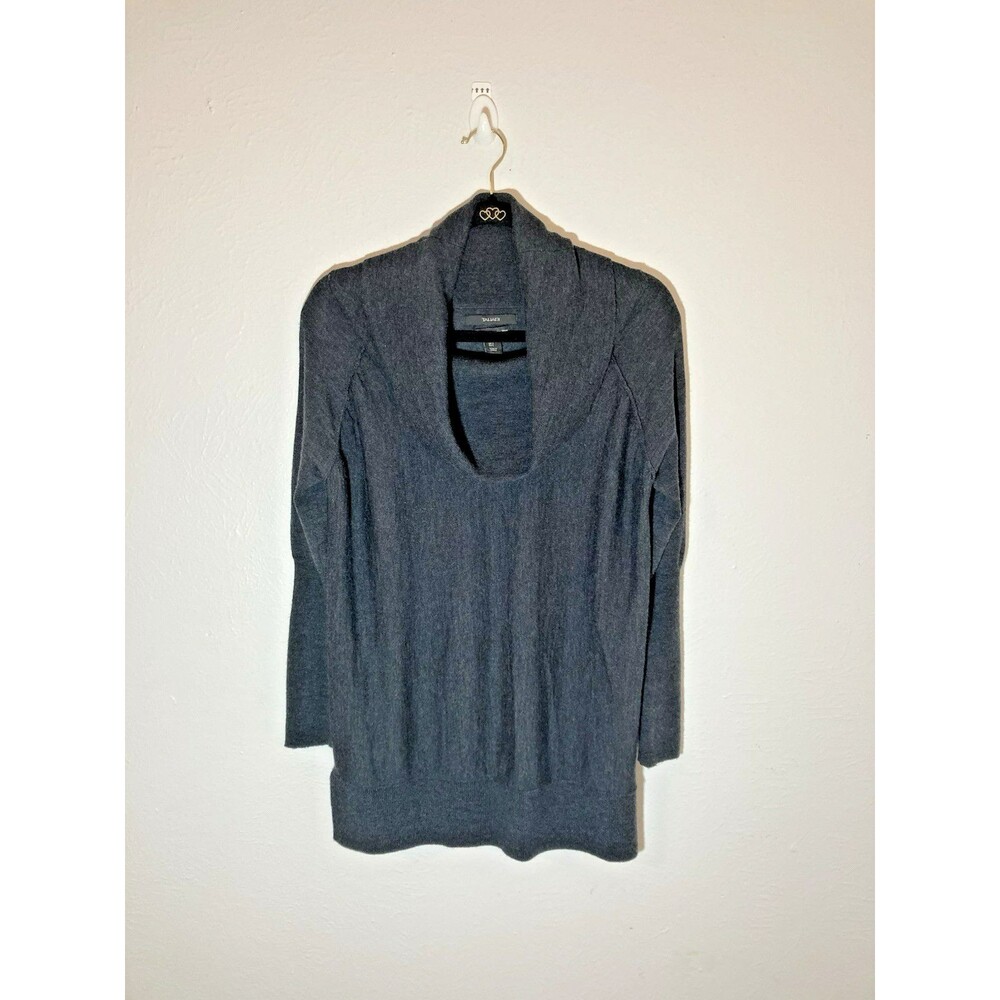 Tahari Sweater Size Large L Cowl neck, side split, Gray, 100% merino wool